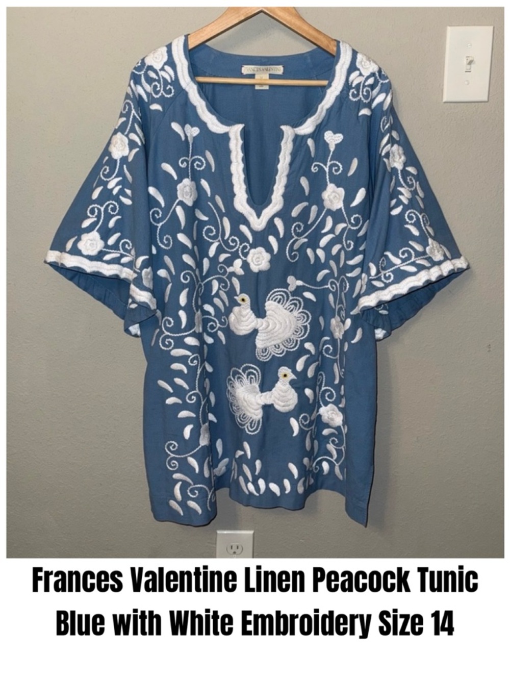 Frances Valentine Linen Peacock Tunic Blue with White Embroidery Size 14